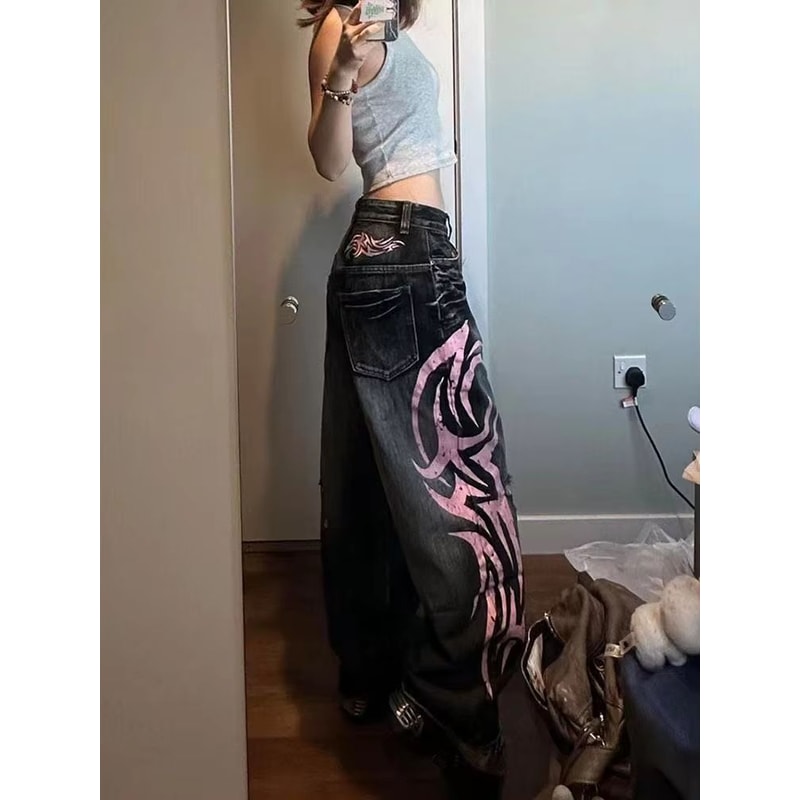 Vintage Y2K Totem Print Baggy Jeans High Waist Wide Leg Streetwear Jeans Retro Hip Hop Loose Denim 4
