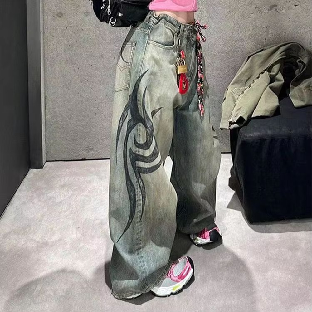 Vintage Y2K Totem Print Baggy Jeans High Waist Wide Leg Streetwear Jeans Retro Hip Hop Loose Denim 9