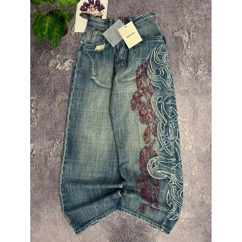 Vintage Y2K Totem Print Baggy Jeans High Waist Wide Leg Streetwear Jeans Retro Hip Hop Loose Denim 10