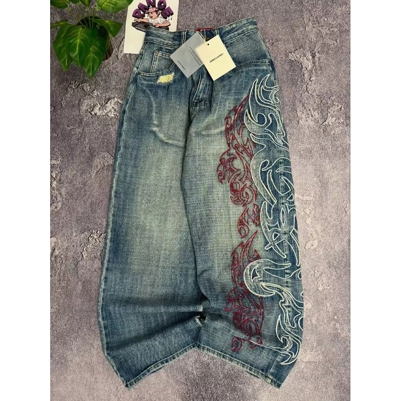 Vintage Y2K Totem Print Baggy Jeans High Waist Wide Leg Streetwear Jeans Retro Hip Hop Loose Denim 10