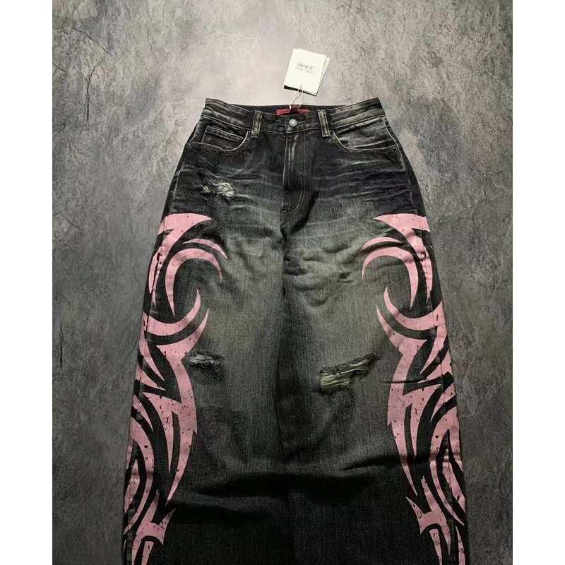Vintage Y2K Totem Print Baggy Jeans High Waist Wide Leg Streetwear Jeans Retro Hip Hop Loose Denim 5