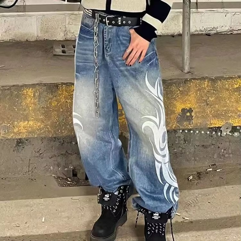 Vintage Y2K Totem Print Baggy Jeans High Waist Wide Leg Streetwear Jeans Retro Hip Hop Loose Denim 8