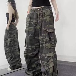 american camouflage wide leg jeans retro high street camo jeans loose streetwear baggy denim pants