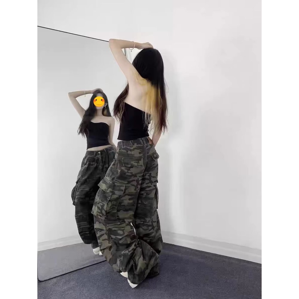 American Camouflage Wide Leg Jeans Retro High Street Camo Jeans Loose Streetwear Baggy Denim Pants 1