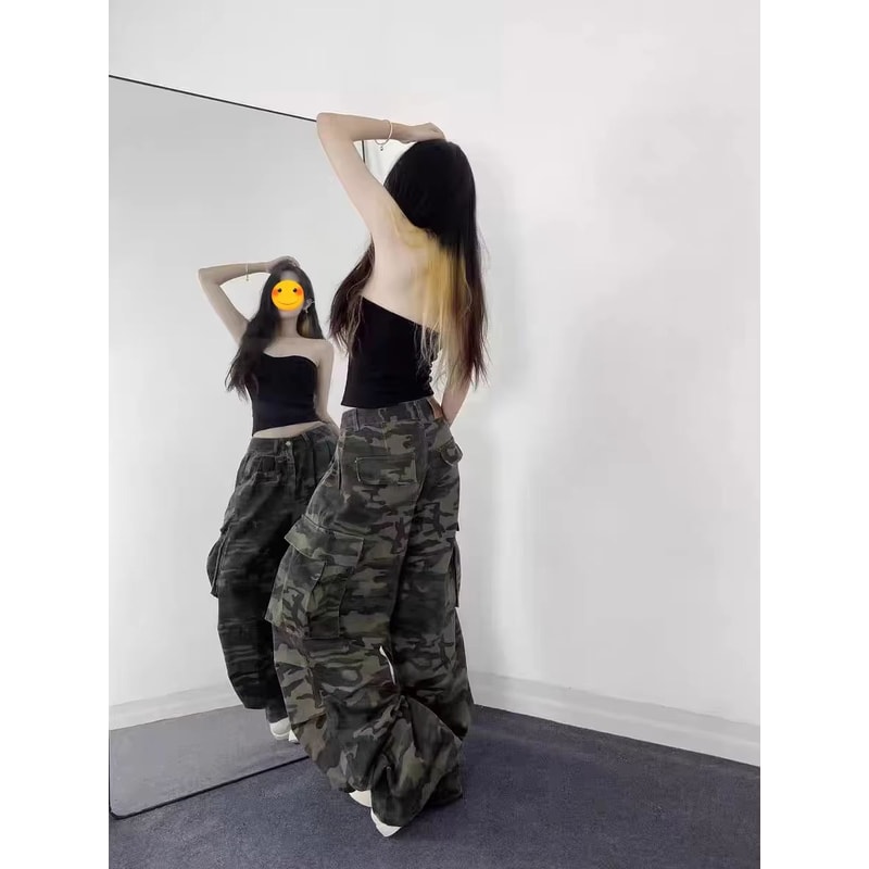 American Camouflage Wide Leg Jeans Retro High Street Camo Jeans Loose Streetwear Baggy Denim Pants 1