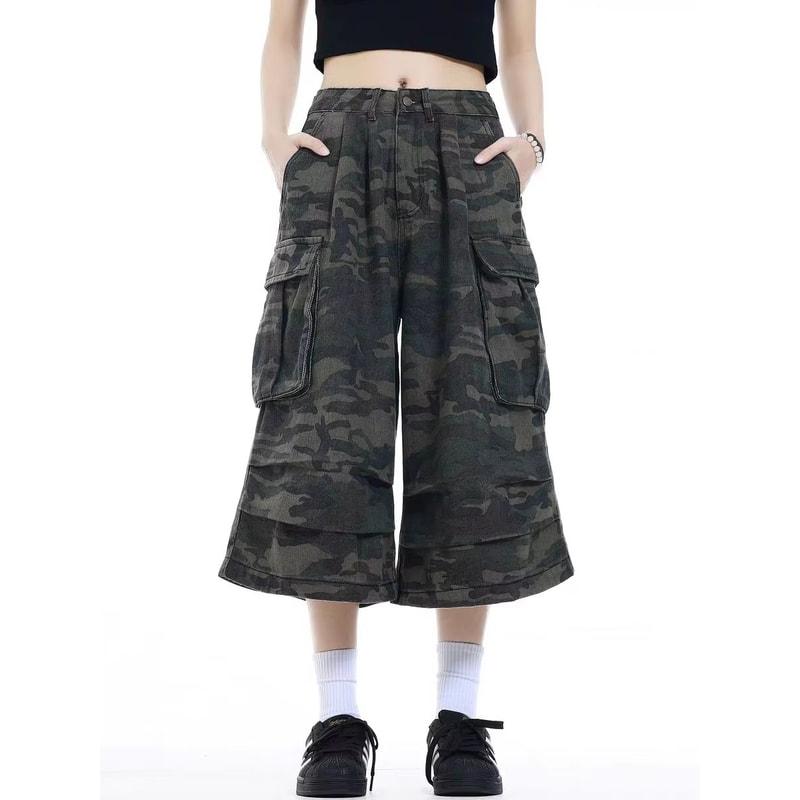 American Camouflage Wide Leg Jeans Retro High Street Camo Jeans Loose Streetwear Baggy Denim Pants 5
