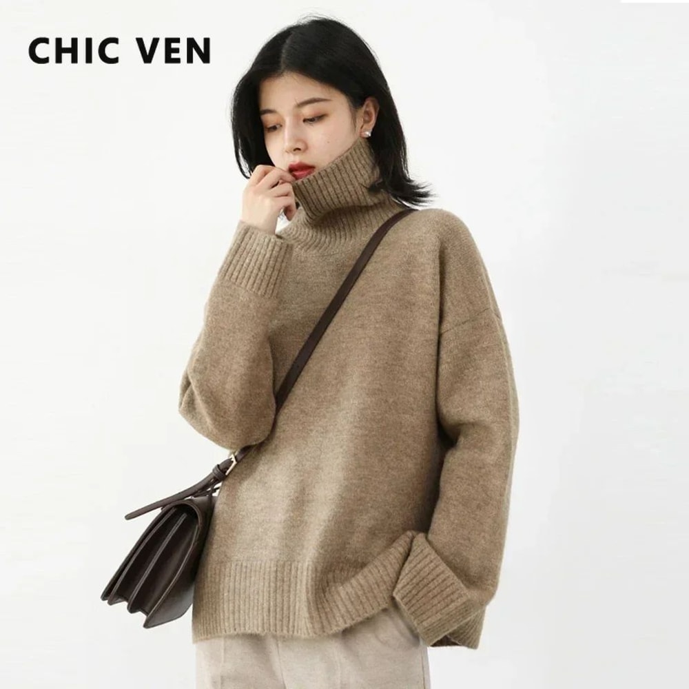 CHIC VEN Loose Turtleneck Sweater Warm Korean Knit Pullover Soft Women Winter Sweater 1