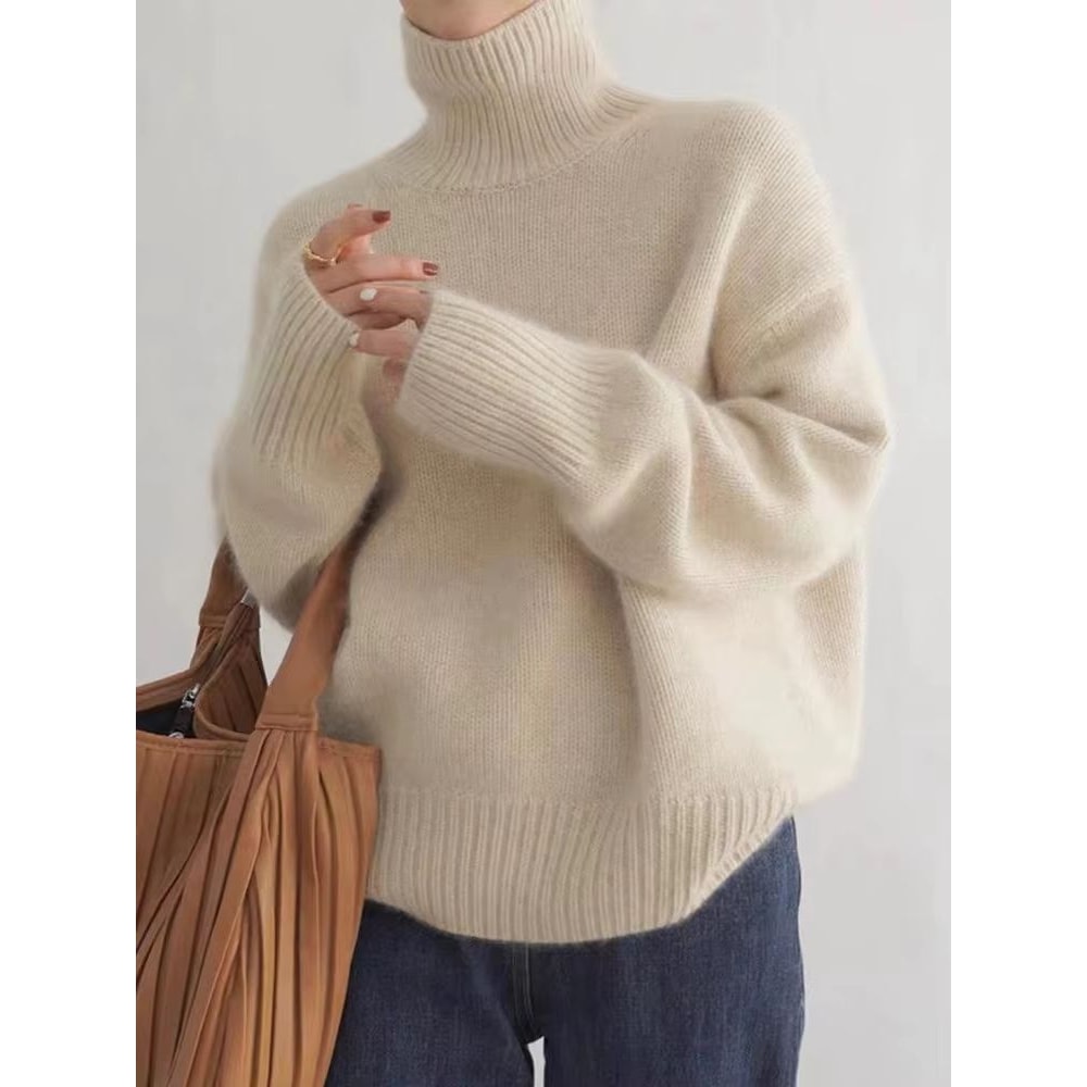 Elegant Cashmere Turtleneck Sweater Women Loose Fit Pure Wool Knit Pullover Warm Winter Turtleneck 0