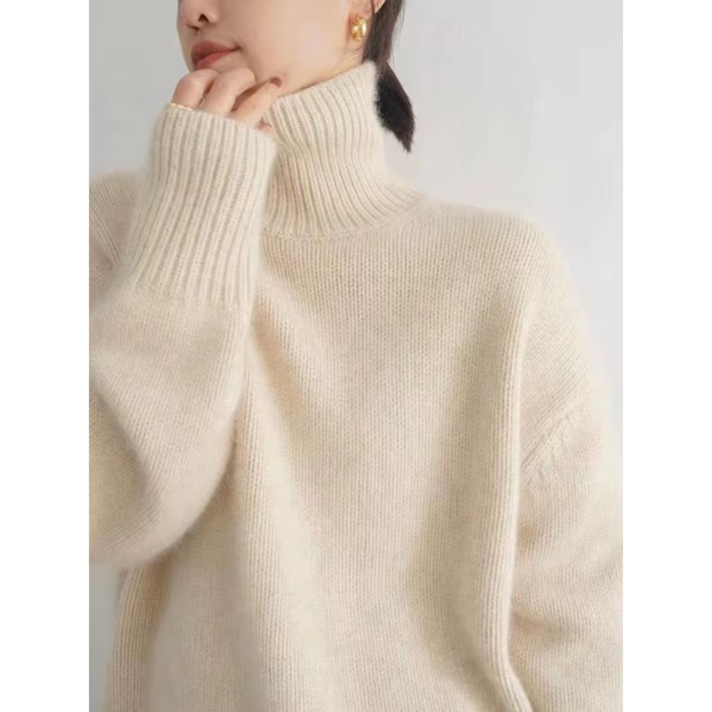 Elegant Cashmere Turtleneck Sweater Women Loose Fit Pure Wool Knit Pullover Warm Winter Turtleneck 4