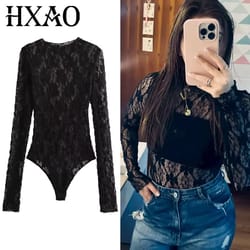 elegant black lace bodysuit with long sleeves – sheer lace lingerie bodysuit with hollow out cutwork