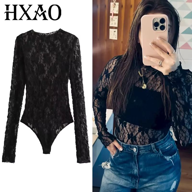 Elegant Black Lace Bodysuit With Long Sleeves Sheer Lace Lingerie Bodysuit With Hollow Out Cutwork 0