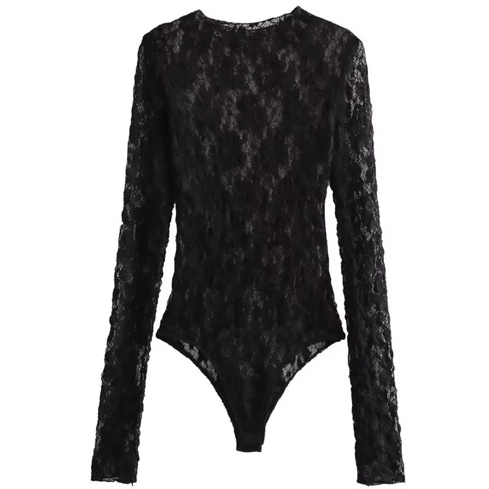 Elegant Black Lace Bodysuit With Long Sleeves Sheer Lace Lingerie Bodysuit With Hollow Out Cutwork 1