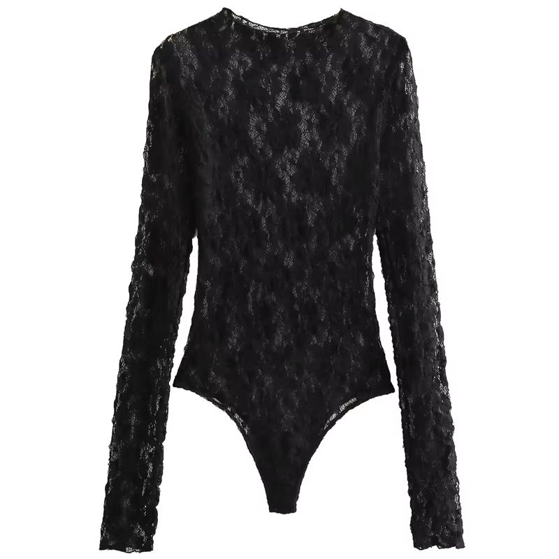 Elegant Black Lace Bodysuit With Long Sleeves Sheer Lace Lingerie Bodysuit With Hollow Out Cutwork 2