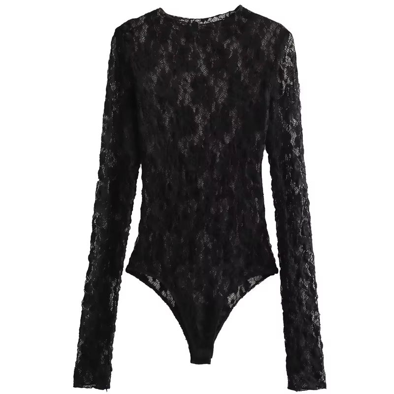 Elegant Black Lace Bodysuit With Long Sleeves Sheer Lace Lingerie Bodysuit With Hollow Out Cutwork 6