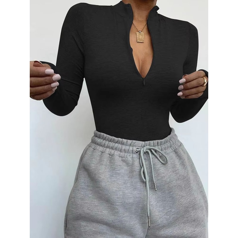 Sculpt Zip Womens Mock Neck Bodycon Bodysuit Long Sleeve Slim Fit Top 1