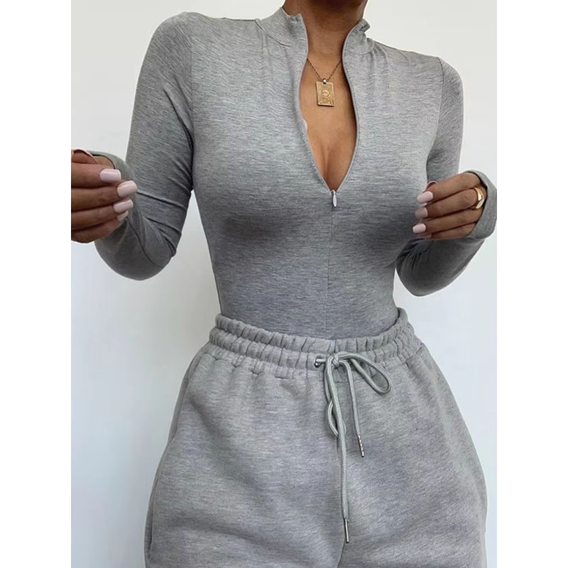 Sculpt Zip Womens Mock Neck Bodycon Bodysuit Long Sleeve Slim Fit Top 2