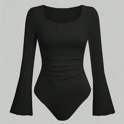 street chic ruched flare sleeve bodysuit for women round neck pleated long sleeve top