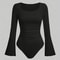 Street Chic Ruched Flare Sleeve Bodysuit For Women Round Neck Pleated Long Sleeve Top 0