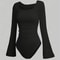 Street Chic Ruched Flare Sleeve Bodysuit For Women Round Neck Pleated Long Sleeve Top 1