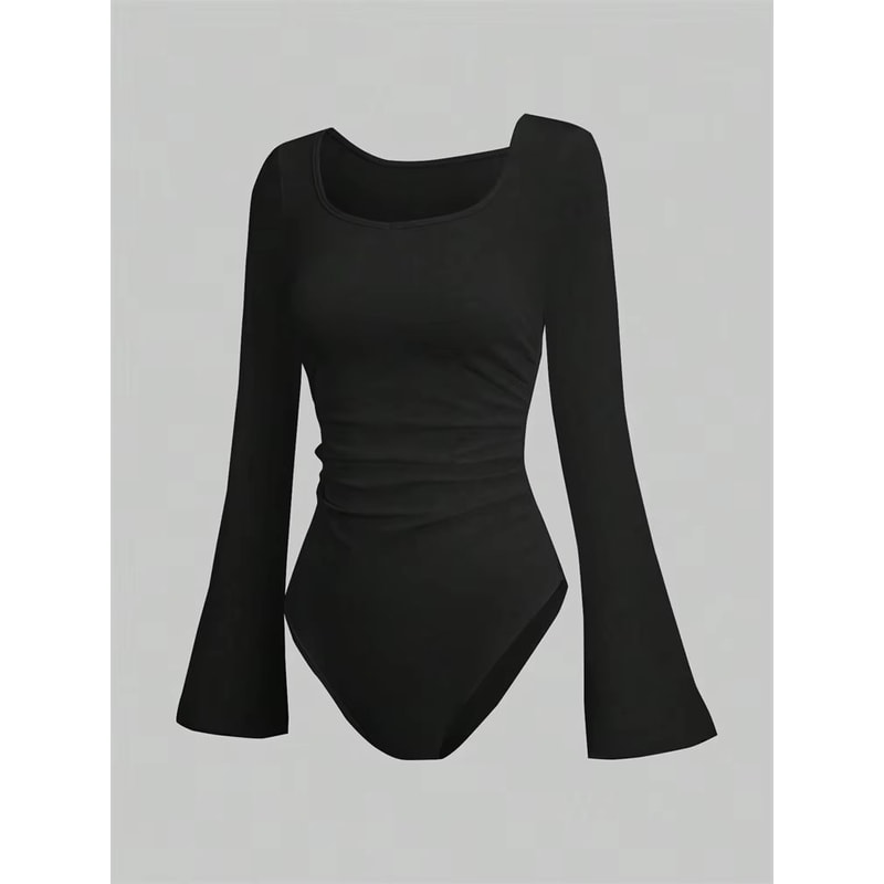 Street Chic Ruched Flare Sleeve Bodysuit For Women Round Neck Pleated Long Sleeve Top 1