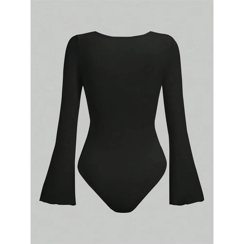 Street Chic Ruched Flare Sleeve Bodysuit For Women Round Neck Pleated Long Sleeve Top 2