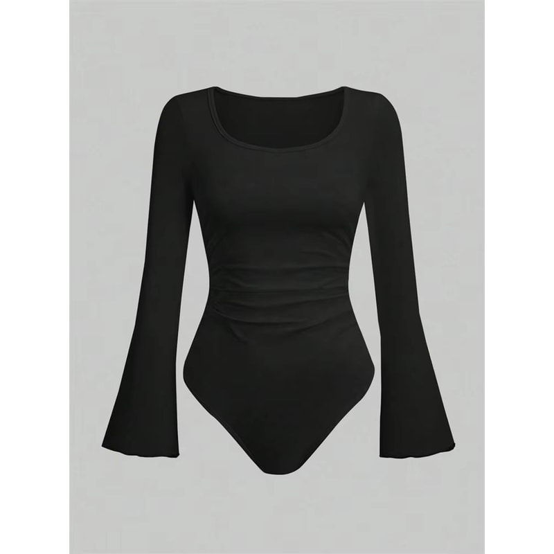 Street Chic Ruched Flare Sleeve Bodysuit For Women Round Neck Pleated Long Sleeve Top 6