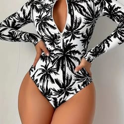 tropical palm print women's long sleeve swimsuit high stretch beach rash guard set