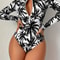 Tropical Palm Print Womens Long Sleeve Swimsuit High Stretch Beach Rash Guard Set 0