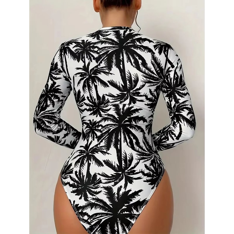 Tropical Palm Print Womens Long Sleeve Swimsuit High Stretch Beach Rash Guard Set 1