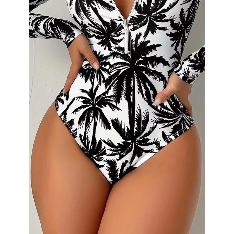 Tropical Palm Print Womens Long Sleeve Swimsuit High Stretch Beach Rash Guard Set 2
