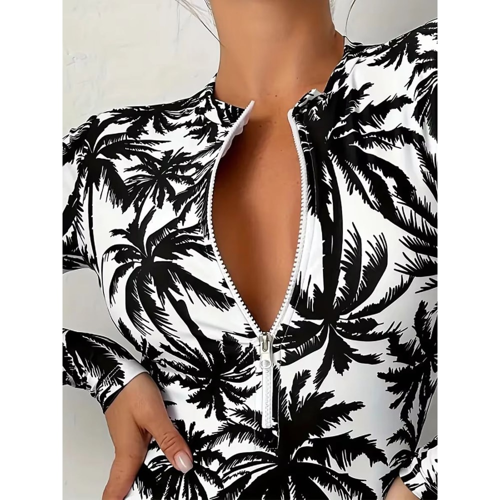 Tropical Palm Print Womens Long Sleeve Swimsuit High Stretch Beach Rash Guard Set 3