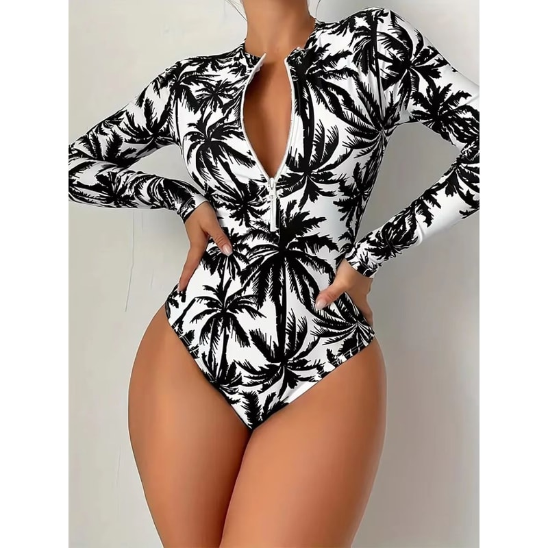 Tropical Palm Print Womens Long Sleeve Swimsuit High Stretch Beach Rash Guard Set 4