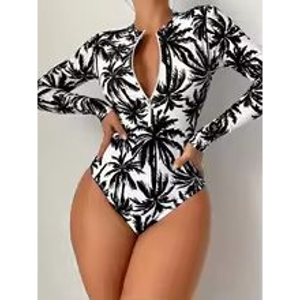 Tropical Palm Print Womens Long Sleeve Swimsuit High Stretch Beach Rash Guard Set 5