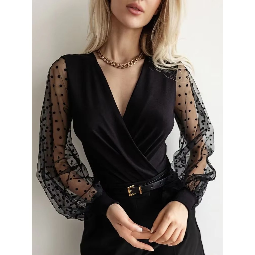 Elegant Polka Mesh Womens Long Sleeve Stretch Bodysuit With Balloon Sleeves 0
