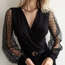 elegant polka mesh women's long sleeve stretch bodysuit with balloon sleeves