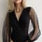 Elegant Polka Mesh Womens Long Sleeve Stretch Bodysuit With Balloon Sleeves 6