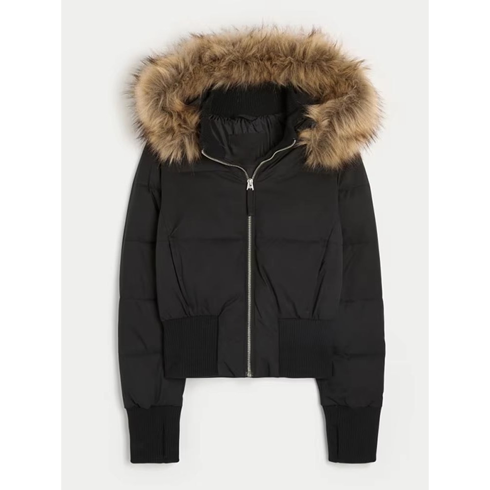 Chic Cropped Womens Faux Fur Hooded Quilted Jacket With Zipper Pockets 0