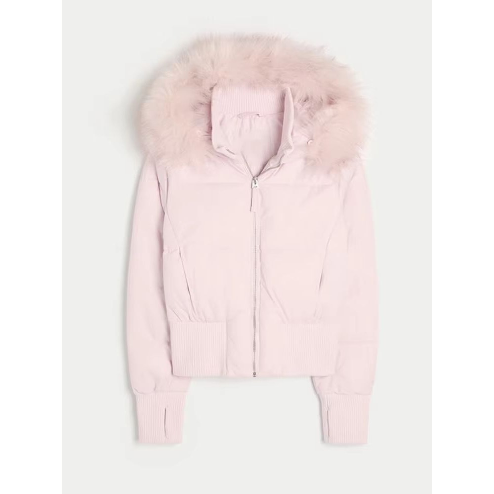 Chic Cropped Womens Faux Fur Hooded Quilted Jacket With Zipper Pockets 4