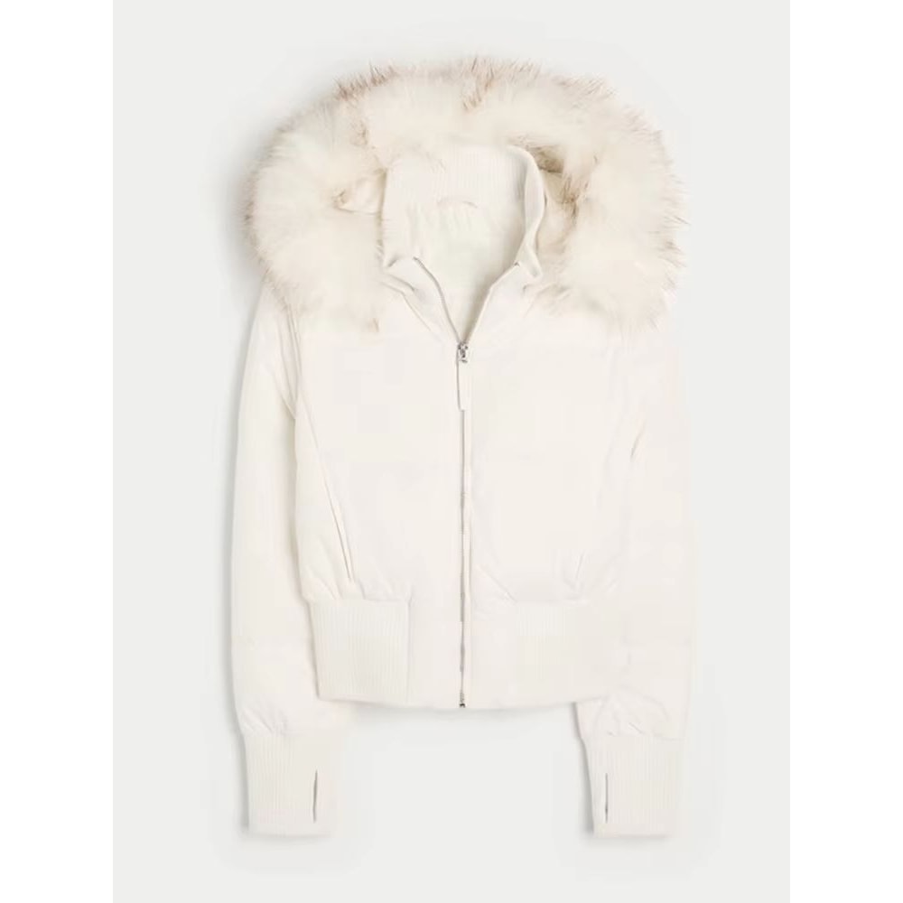 Chic Cropped Womens Faux Fur Hooded Quilted Jacket With Zipper Pockets 5