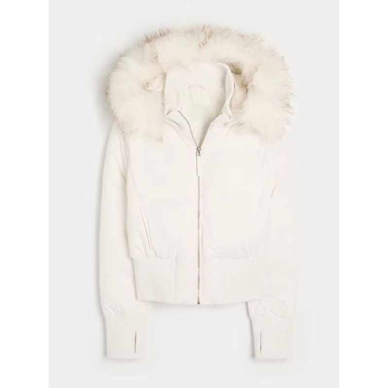 Chic Cropped Womens Faux Fur Hooded Quilted Jacket With Zipper Pockets 5