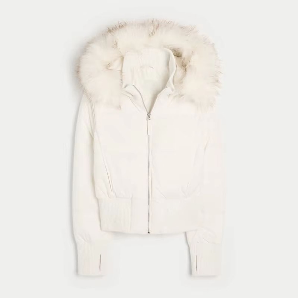 Chic Cropped Womens Faux Fur Hooded Quilted Jacket With Zipper Pockets 7