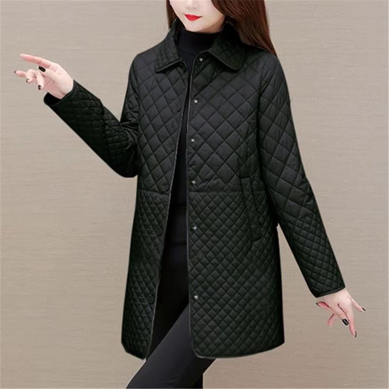 Korean Style Womens Plaid Quilted Midi Coat Thick Warm Long Sleeve Winter Jacket 0