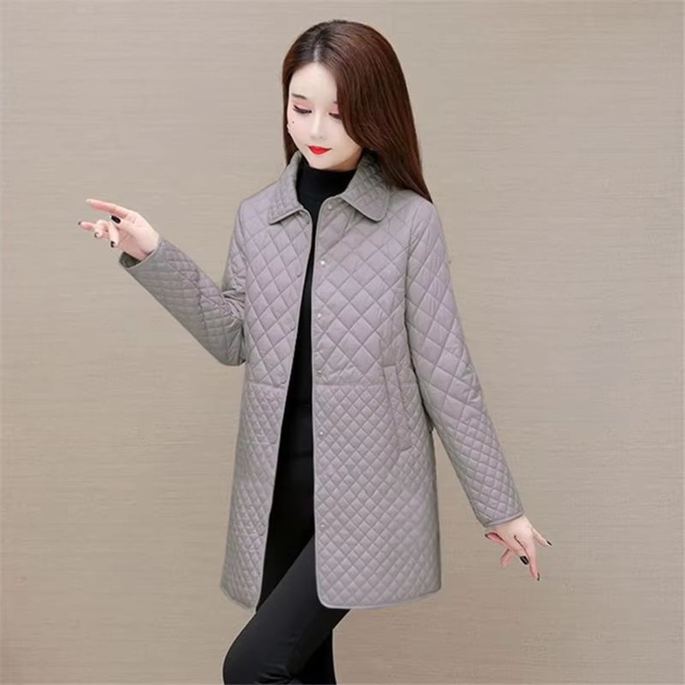 Korean Style Womens Plaid Quilted Midi Coat Thick Warm Long Sleeve Winter Jacket 9