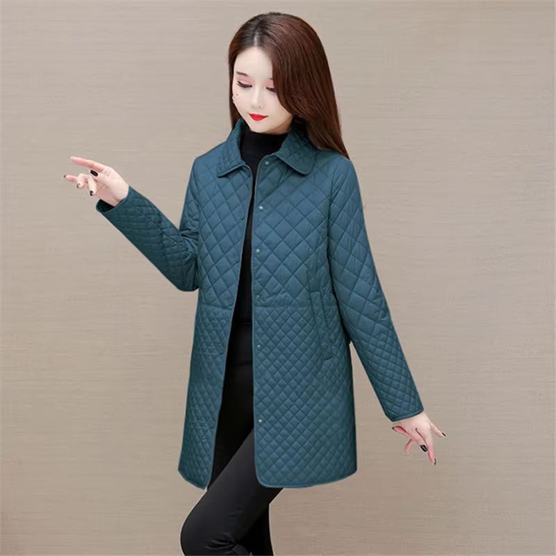 Korean Style Womens Plaid Quilted Midi Coat Thick Warm Long Sleeve Winter Jacket 11