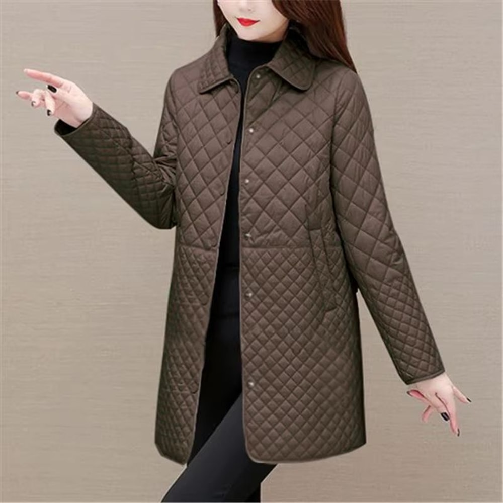 Korean Style Womens Plaid Quilted Midi Coat Thick Warm Long Sleeve Winter Jacket 2