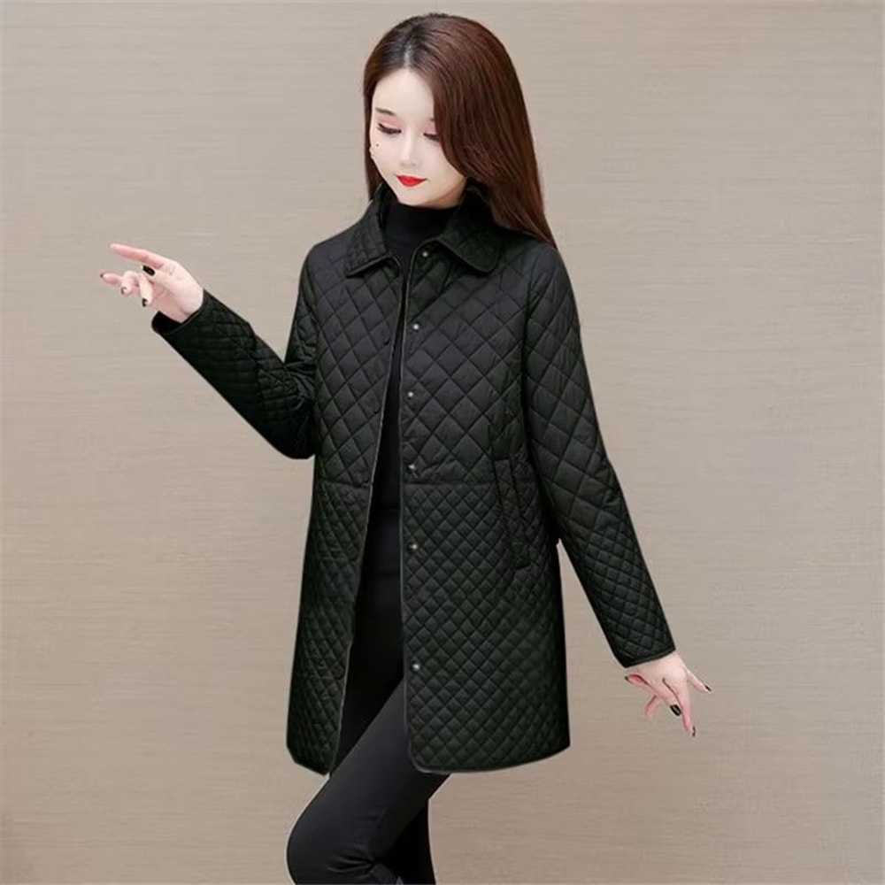 Korean Style Womens Plaid Quilted Midi Coat Thick Warm Long Sleeve Winter Jacket 6