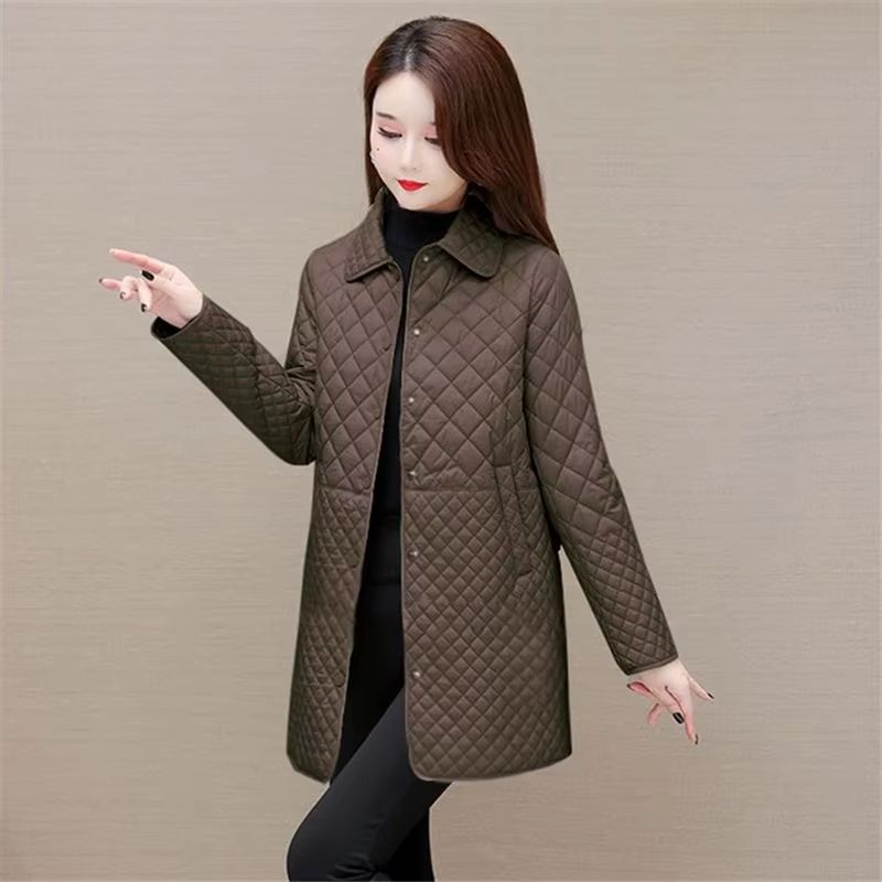 Korean Style Womens Plaid Quilted Midi Coat Thick Warm Long Sleeve Winter Jacket 7