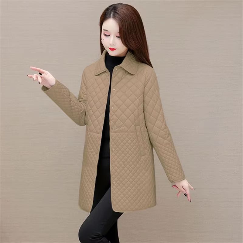 Korean Style Womens Plaid Quilted Midi Coat Thick Warm Long Sleeve Winter Jacket 8