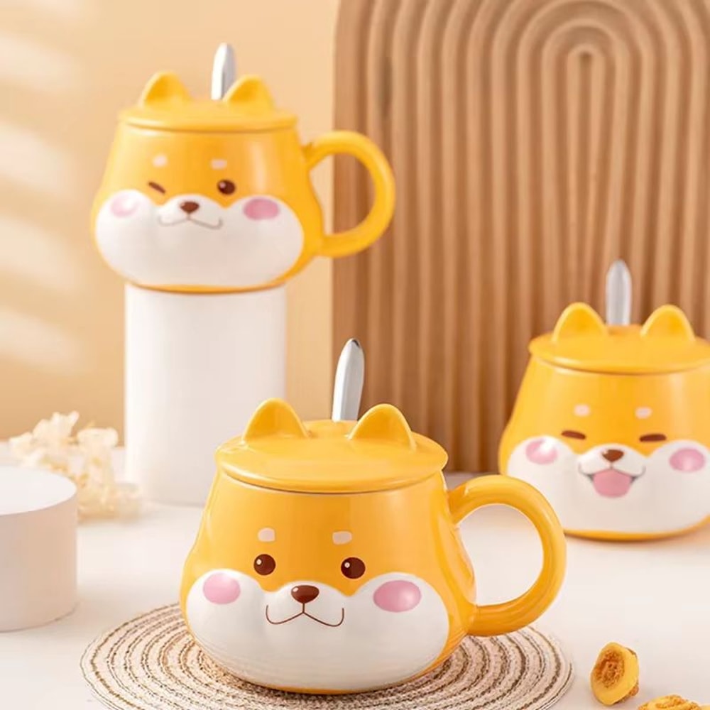 Happy Shiba Ceramic Mug With Lid Cute Dog Coffee Breakfast Cup 1
