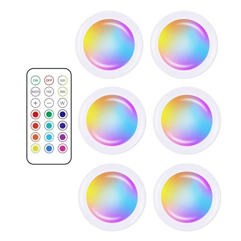 RGB Remote Control LED Puck Lights Wireless Dimmable Under Cabinet Lighting For Kitchen Closet She 7